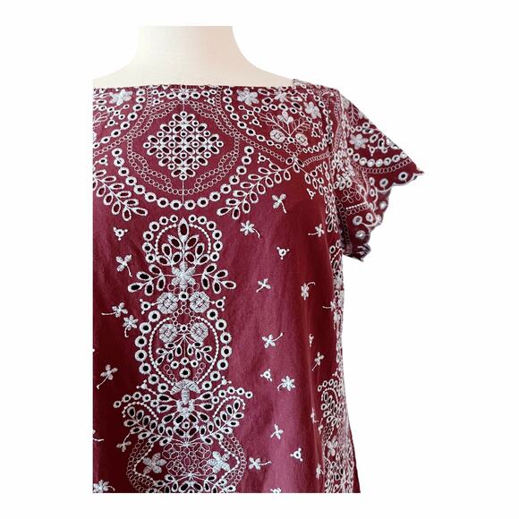 ANTHROPOLOGIE FEATHER BONE Ynez Maroon Dress Flounced Embroidered Eyelet Blue - Picture 7 of 11
